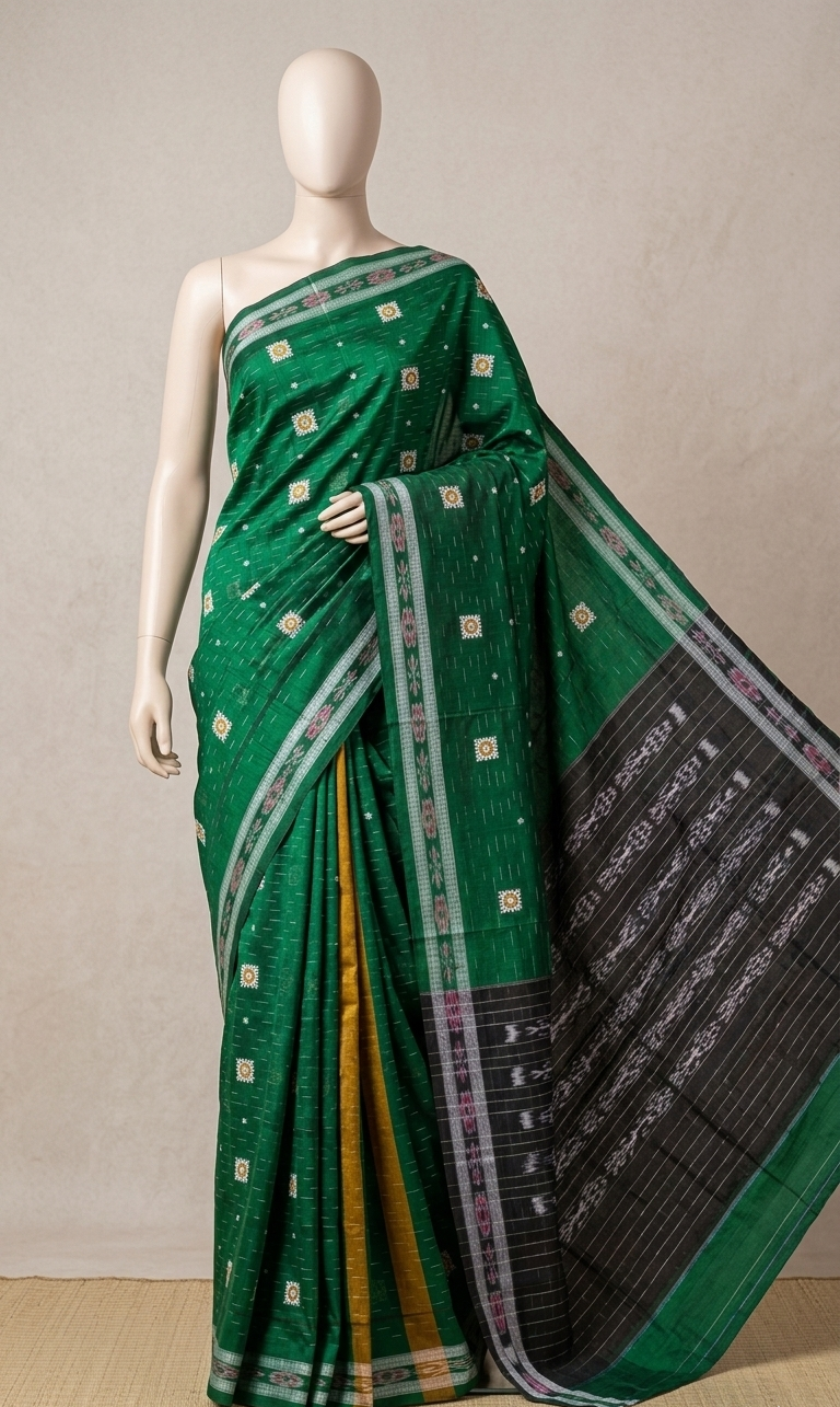 Premium Emerald Green Handloom Saree with Floral Embroidery & Pink Border