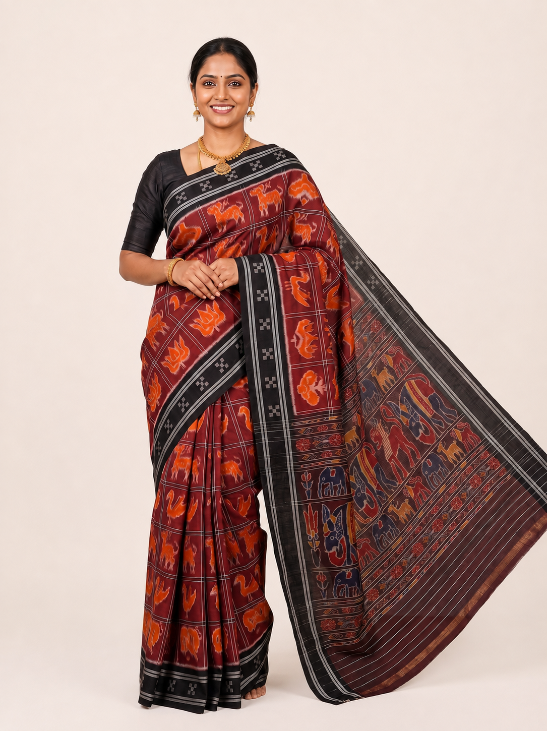 Maroon Sambalpuri Handloom Cotton Saree with Traditional Animal Motifs