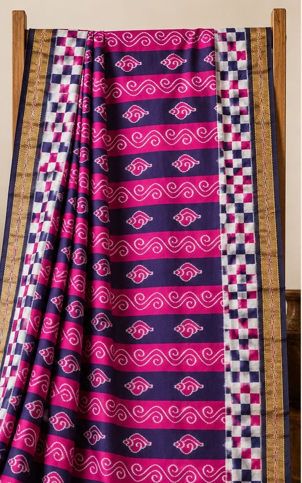 Traditional Magenta & Navy Blue Odisha Handloom Saree with Woven Motifs
