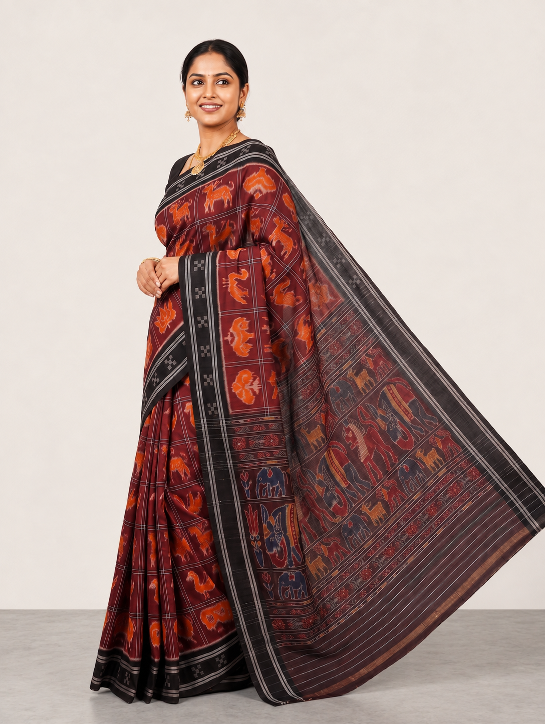 Maroon Traditional Animal Motif Handloom Saree gallery