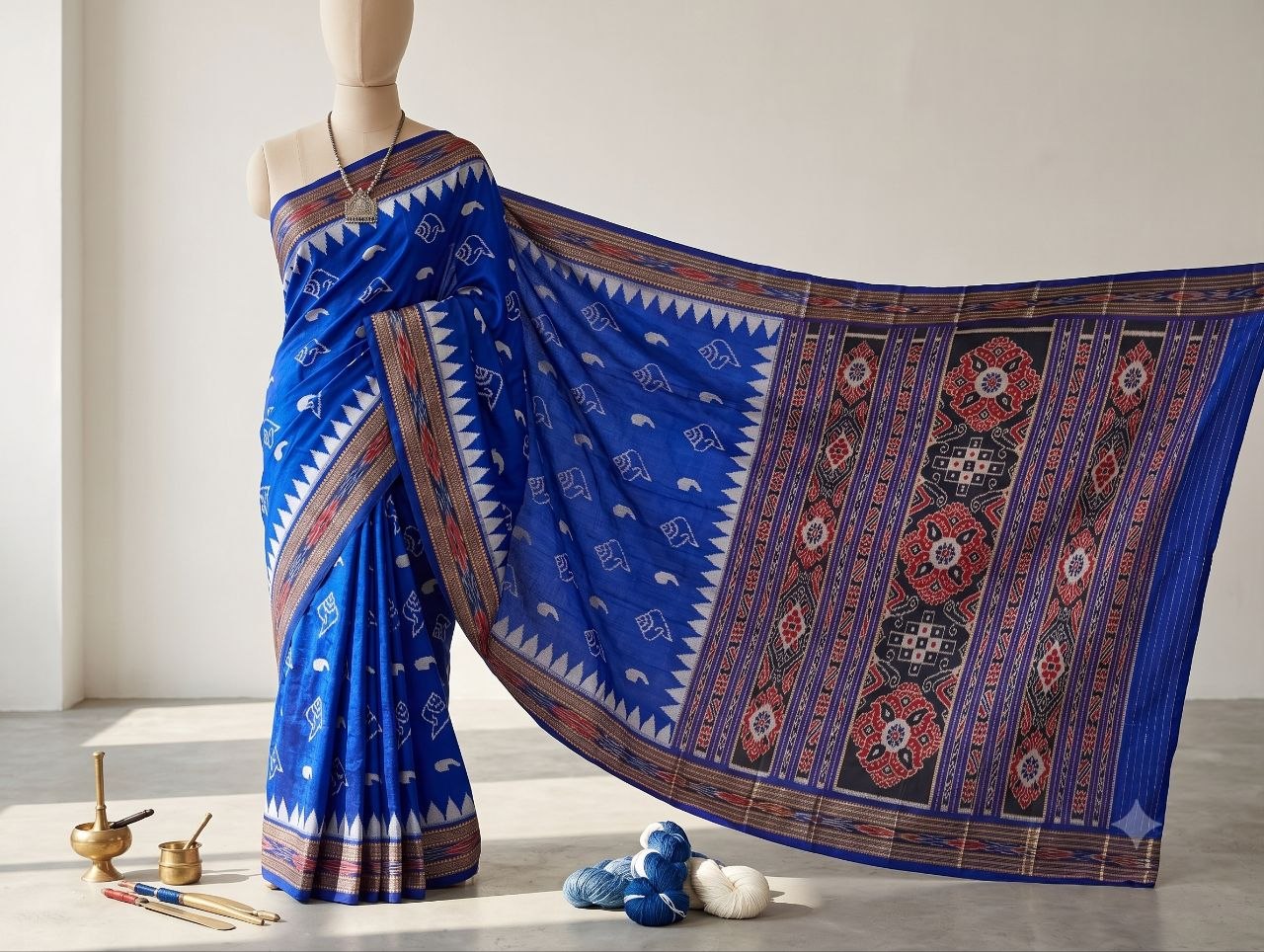 Royal Blue Sankha Motif Khandua Silk Saree with Traditional Anchal gallery